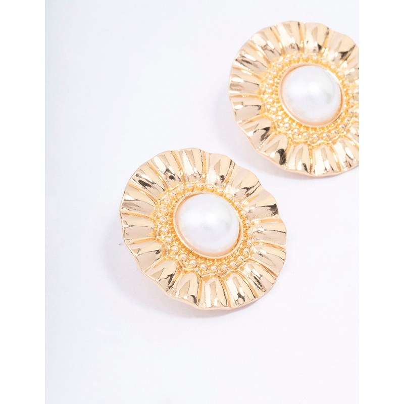 Gold Fan Pearl Statement Stud Earrings