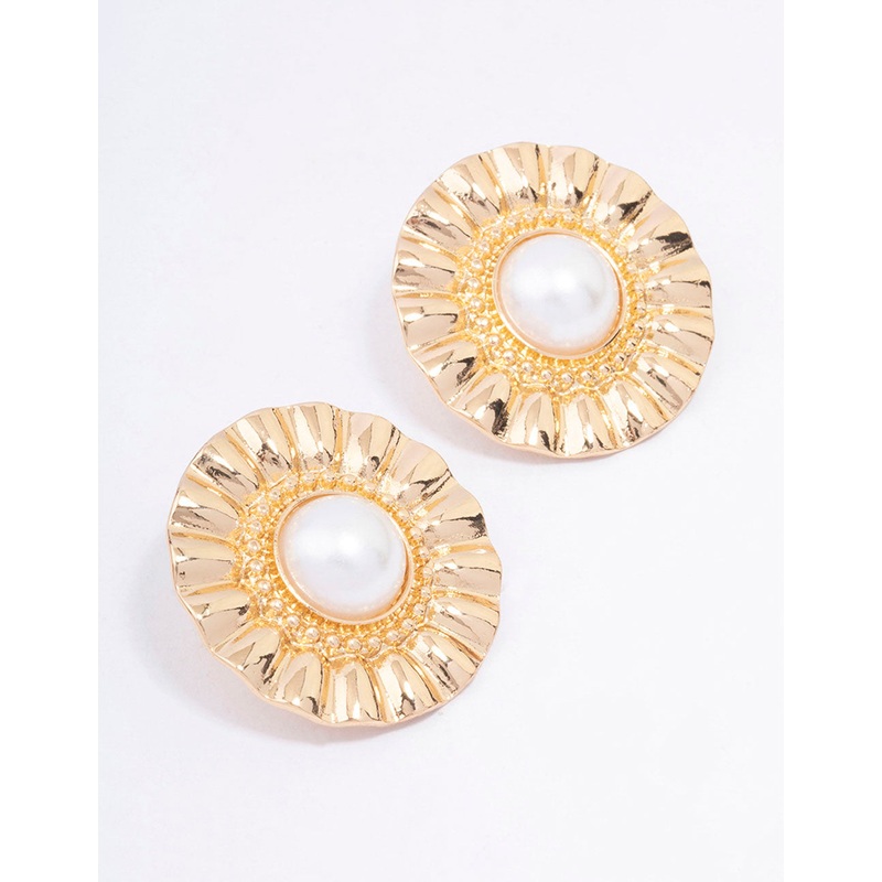 Gold Fan Pearl Statement Stud Earrings
