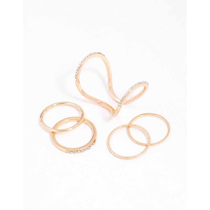 Gold Fine Diamante Double Ring Pack