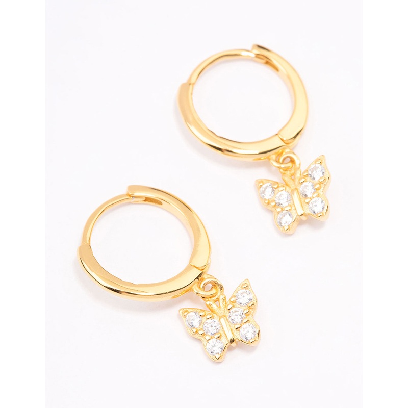 Gold Plated Sterling Silver Cubic Zirconia Butterfly Huggie Earrings