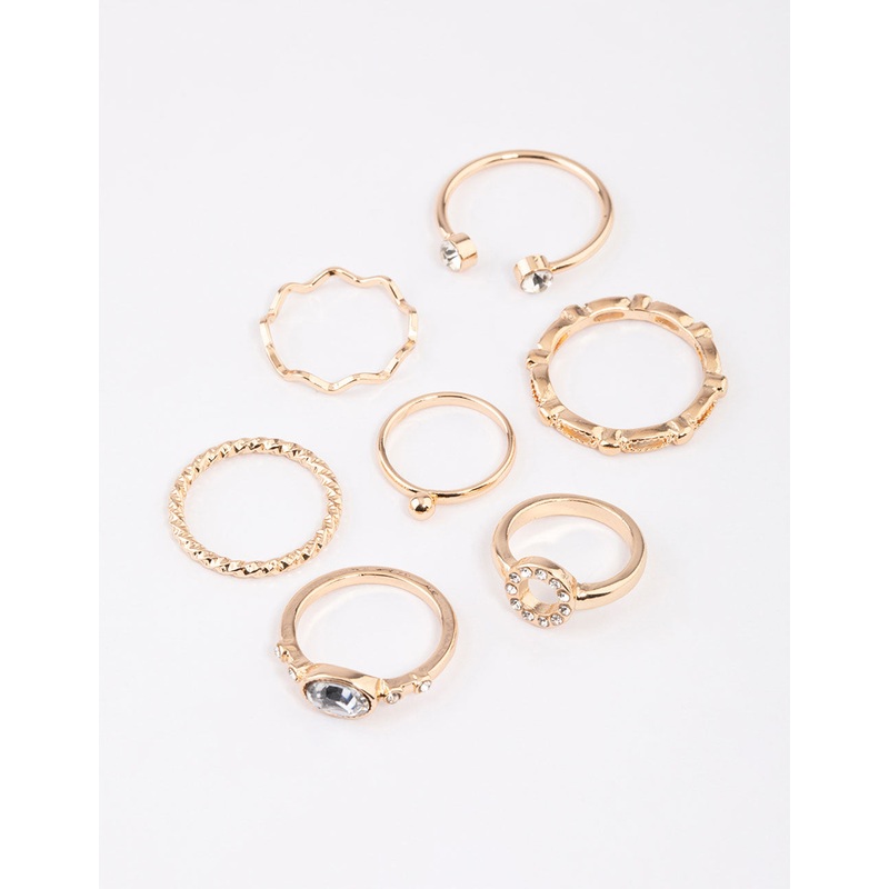 Gold Round Open Diamante Ring 7-Pack