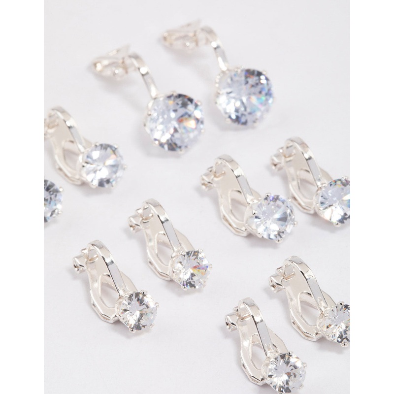 Silver Graduating Diamante Clip On Earrings 5-Pack