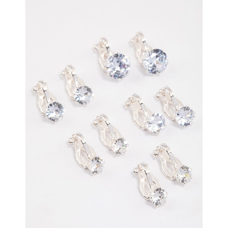 Silver Graduating Diamante Clip On Earrings 5-Pack