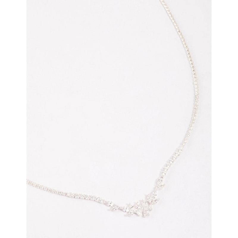 Silver Plated Cubic Zirconia Dainty Cup Chain Floral Necklace