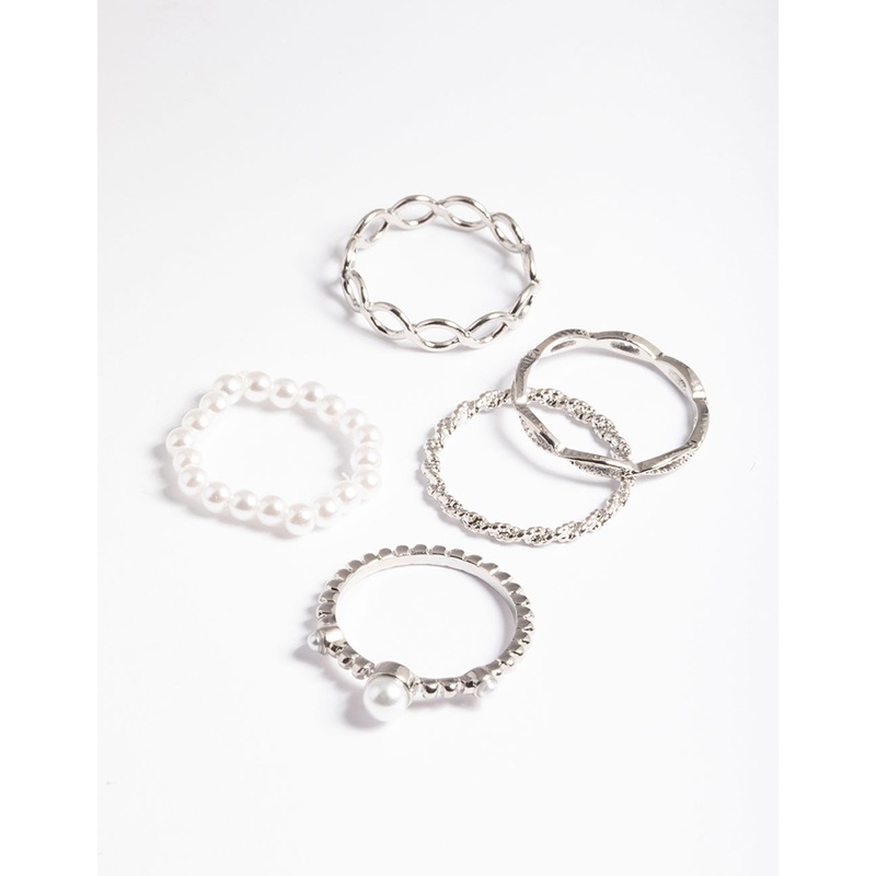 Silver Pearl & Twist Ring 5-Pack