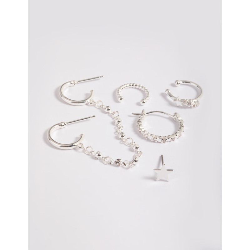 Silver Plated Cubic Zirconia Huggie Chain Earrings 6-Pack