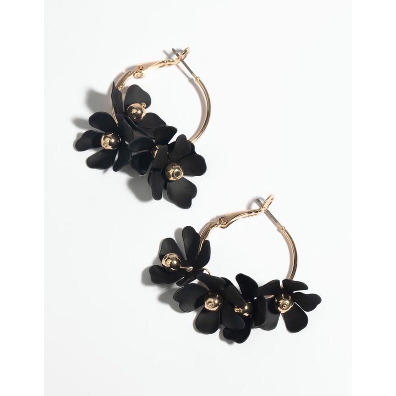 Black Flower Hoop Earrings