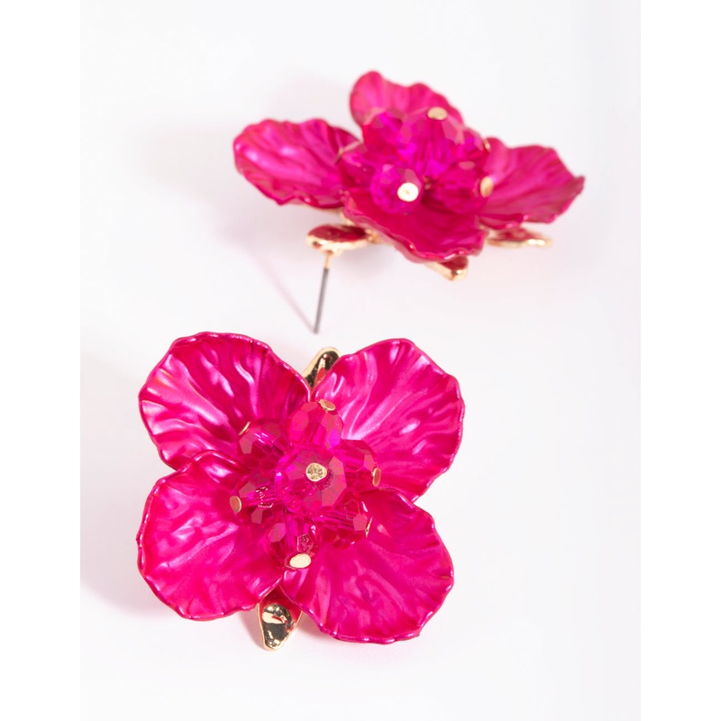 Fuchsia Pearlised Flower Stud Earrings