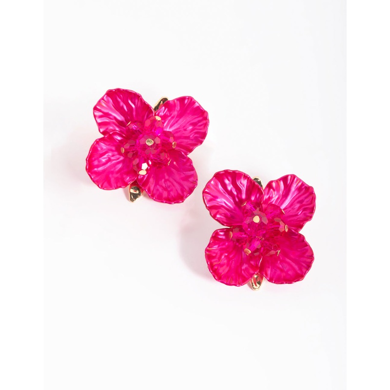 Fuchsia Pearlised Flower Stud Earrings