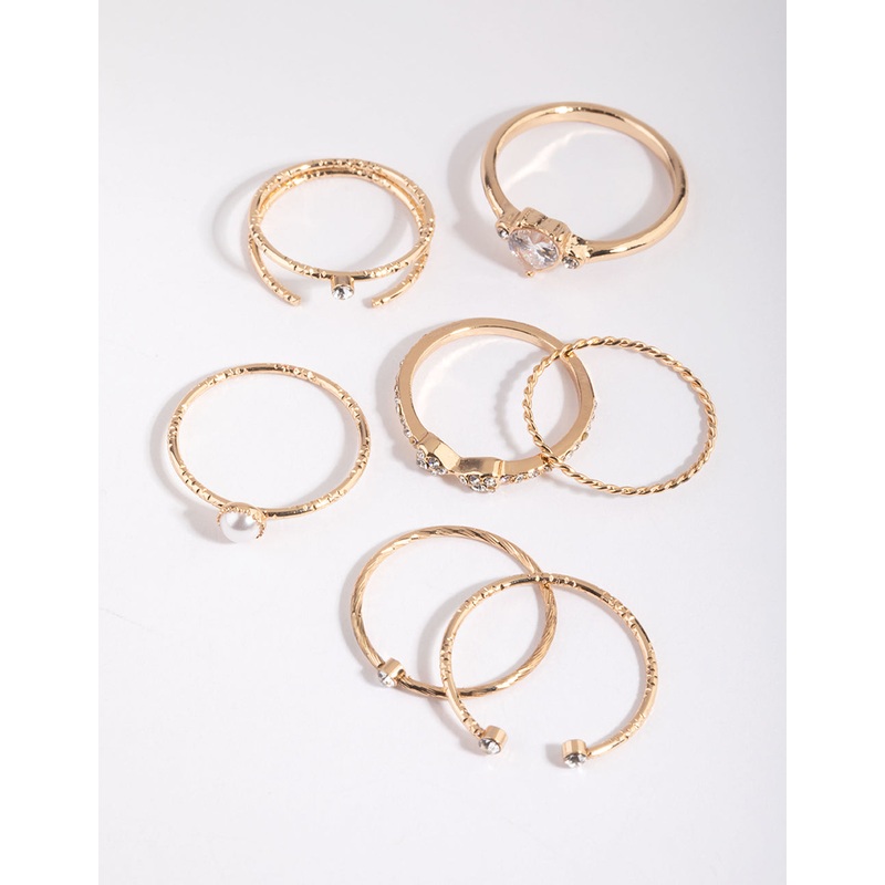 Gold Diamante & Pearl Ring Pack