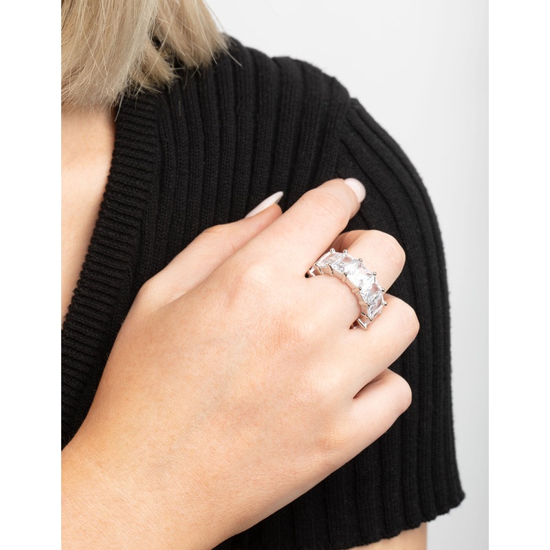 Rhodium Cubic Zirconia Baguette Statement Ring