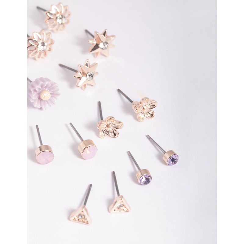 Rose Gold Triangle & Flower Stud Earring 8-Pack