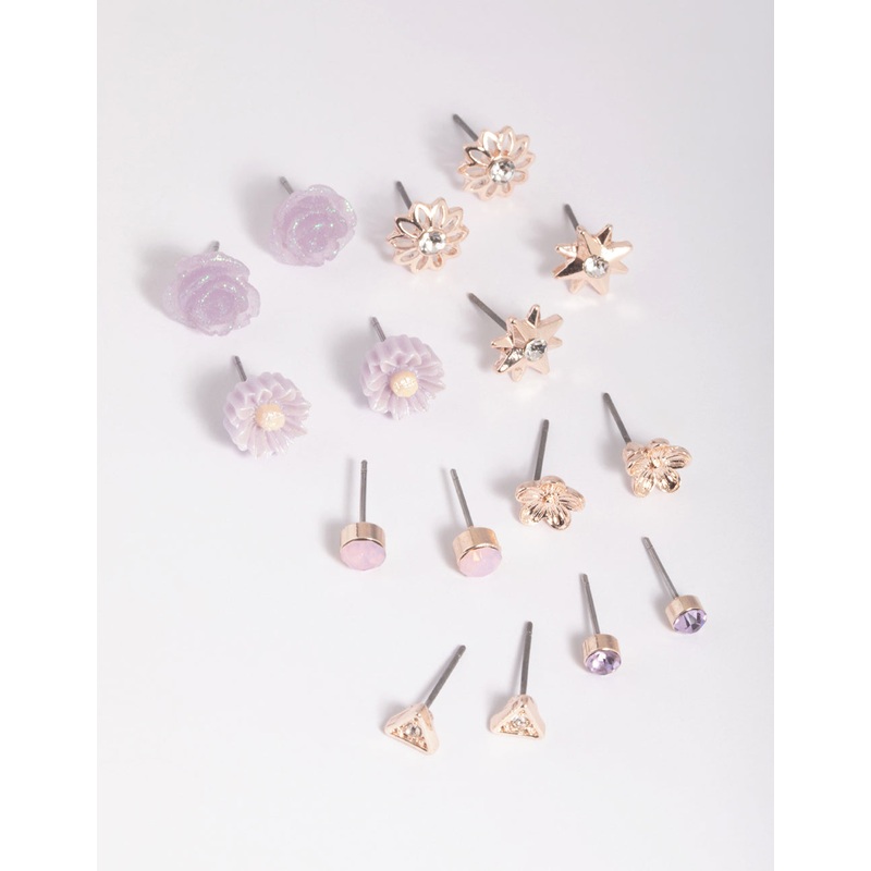 Rose Gold Triangle & Flower Stud Earring 8-Pack