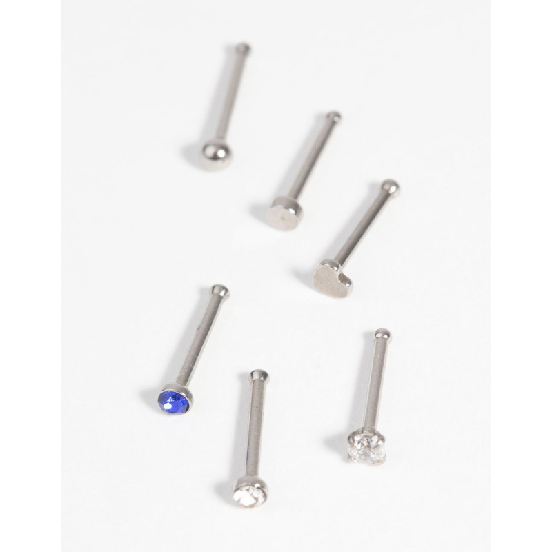 Surgical Steel Heart Nose Stud with Diamante 6-Pack