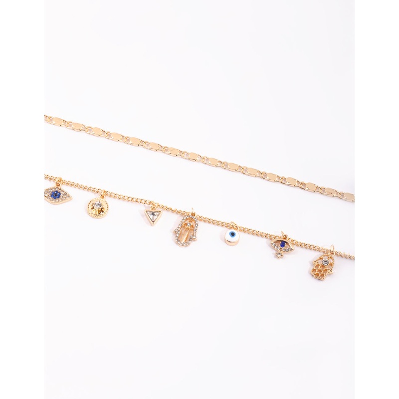 Gold Evil Eye,Hamsa & Chain Charm Anklet Pack