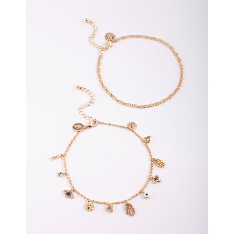 Gold Evil Eye,Hamsa & Chain Charm Anklet Pack