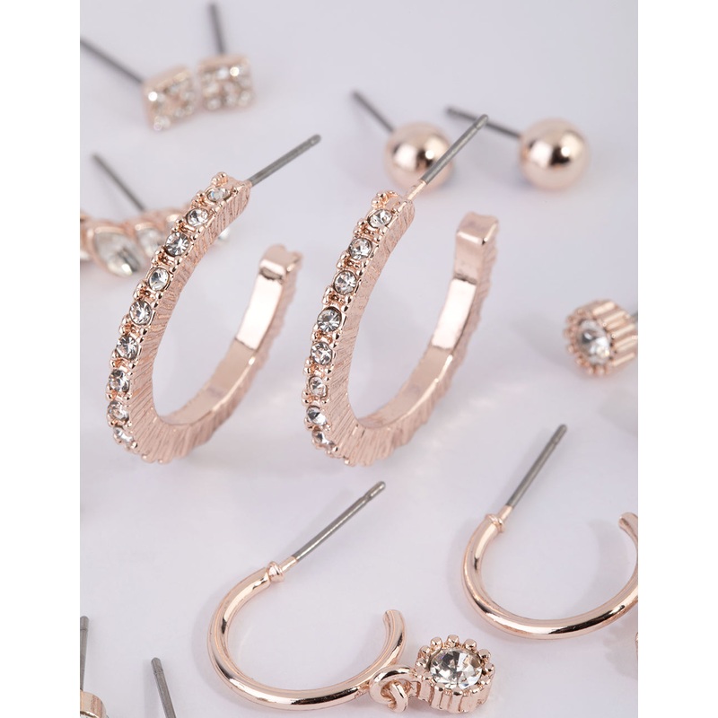 Rose Gold Plain Diamante Stud Earring Pack