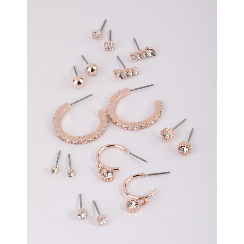 Rose Gold Plain Diamante Stud Earring Pack