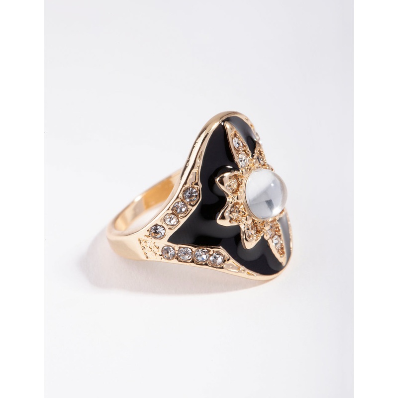 Gold Enamel Diamante Flower Ring