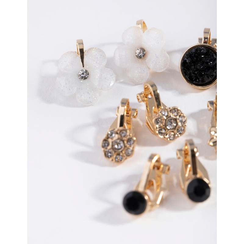 Gold Flower Diamante Clip 5-Pack Earring