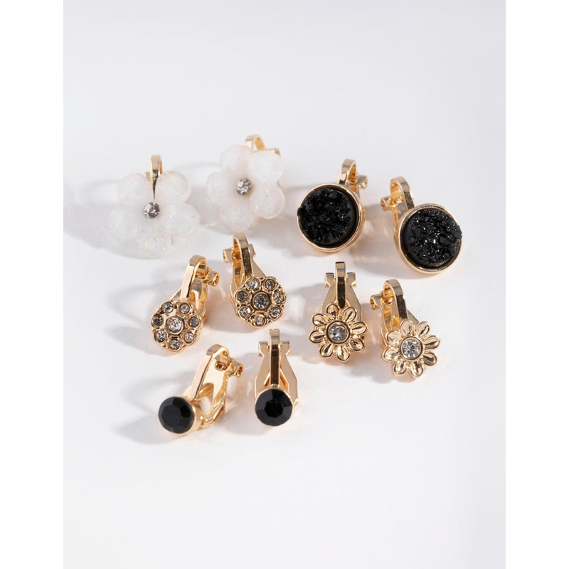 Gold Flower Diamante Clip 5-Pack Earring