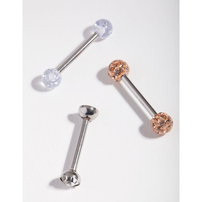 Surgical Steel Opal Diamante Tongue Ring Pack