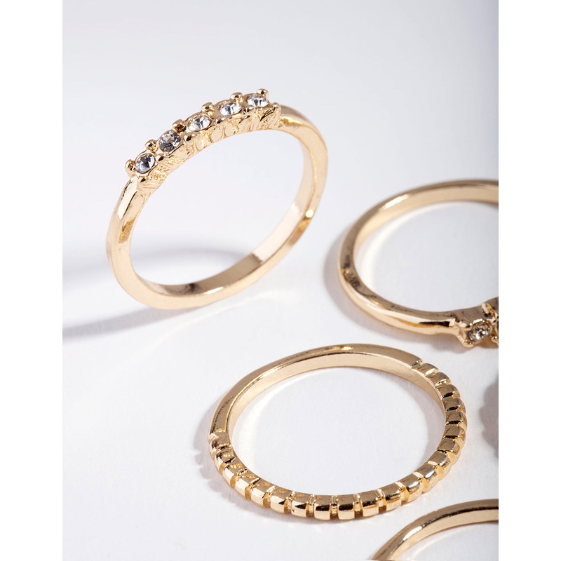 Gold Diamante & Chain Ring 5-Pack