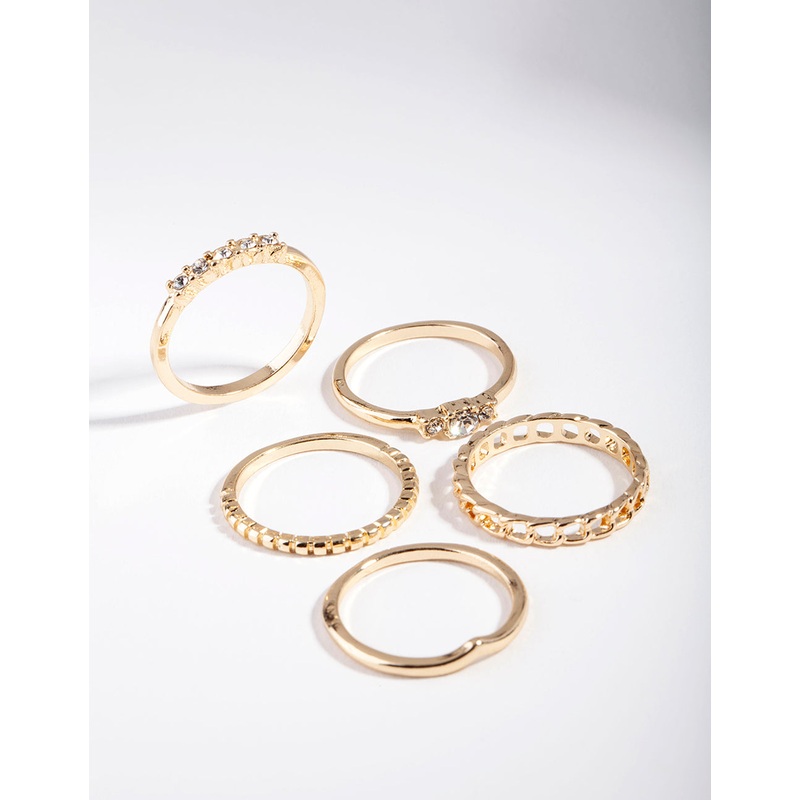 Gold Diamante & Chain Ring 5-Pack
