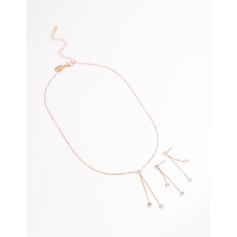 Rose Gold Diamante Drop Earrings Necklace Gift Box