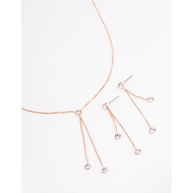 Rose Gold Diamante Drop Earrings Necklace Gift Box