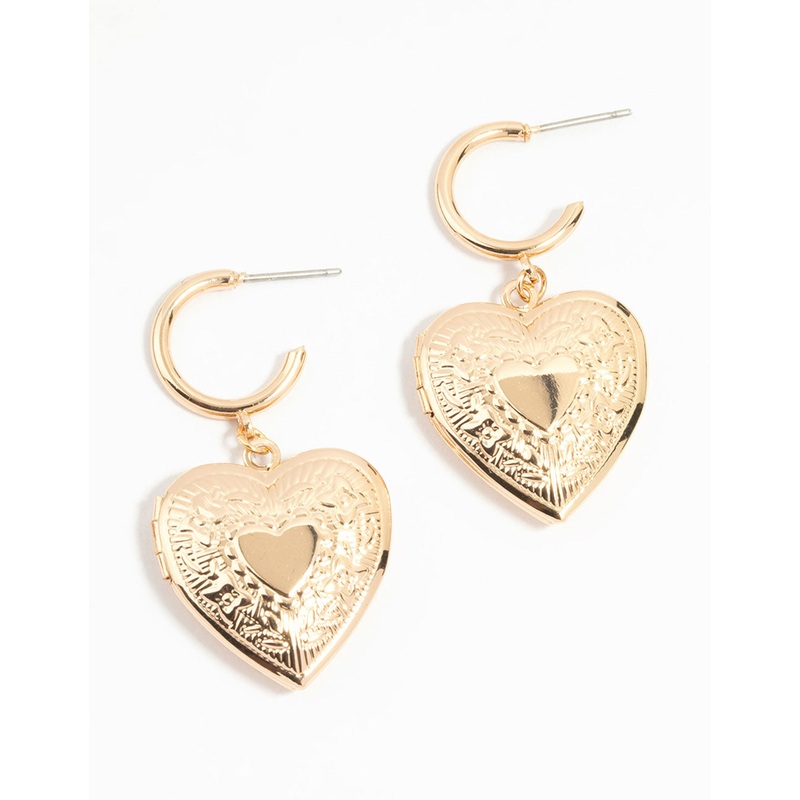 Gold Heart Locket Drop Earrings