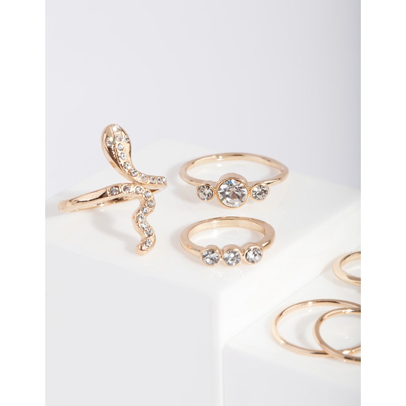 Gold Pearl & Diamante Mix Ring 7-Pack