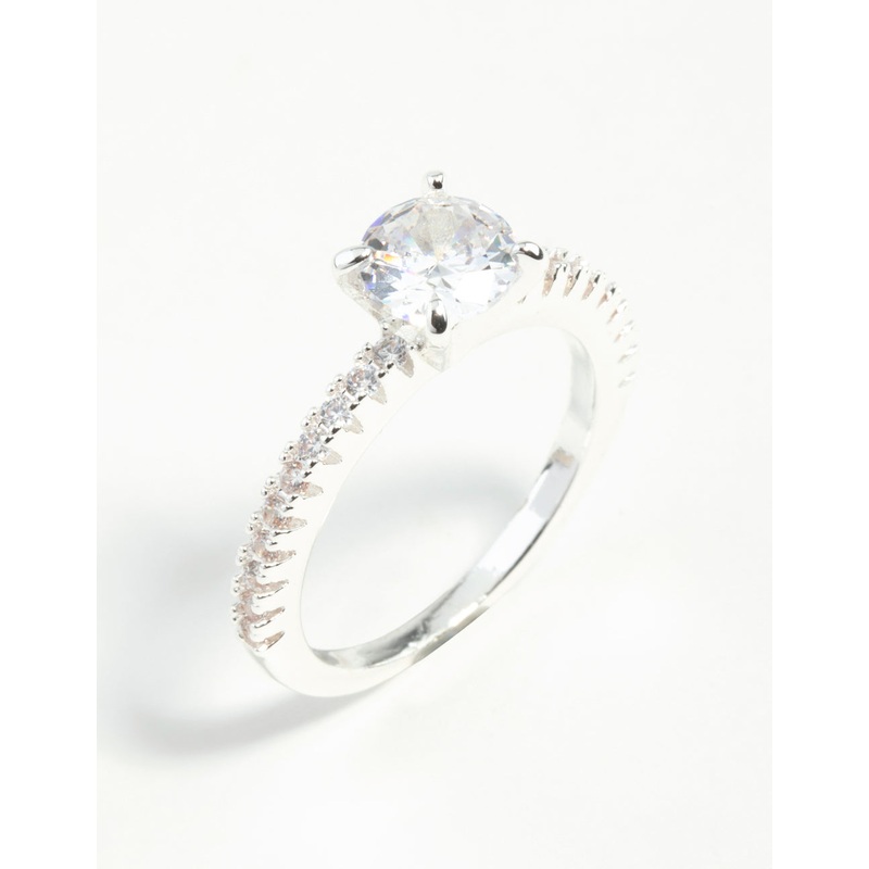 Silver Plated Round Cubic Zirconia Textured Band Ring