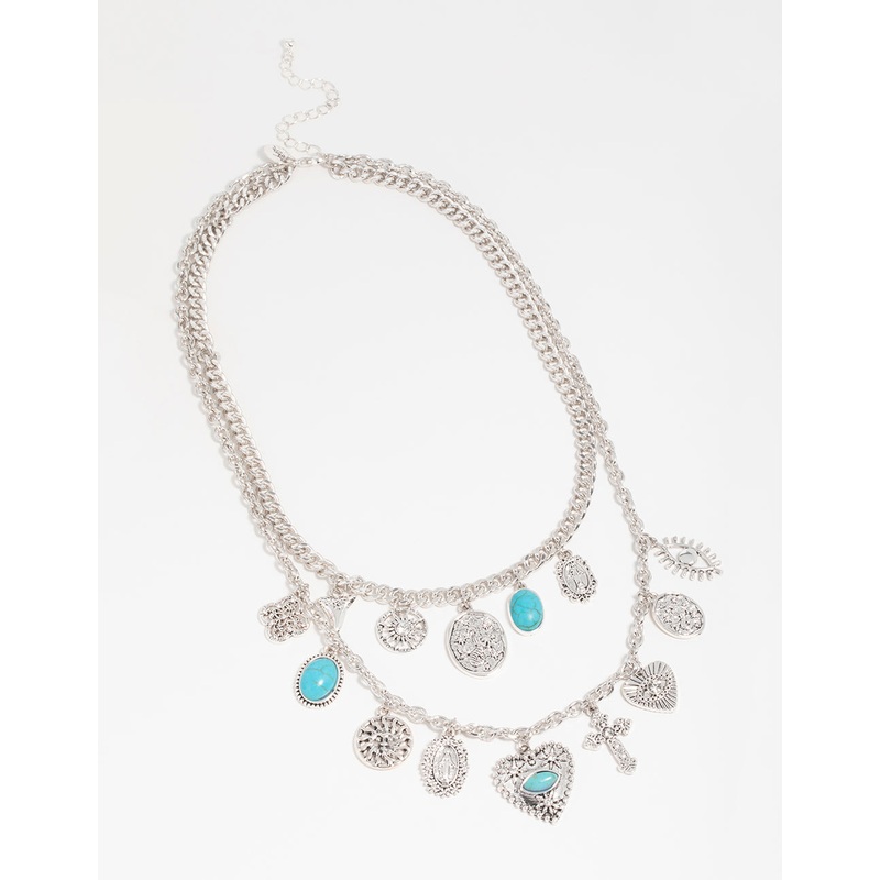 Silver Turquoise & Heart Layered Charm Necklace