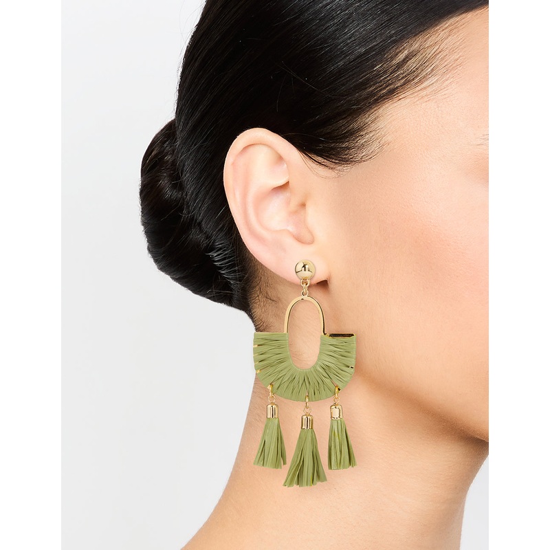Gold & Green Half Woven Tassel Drop Earrings