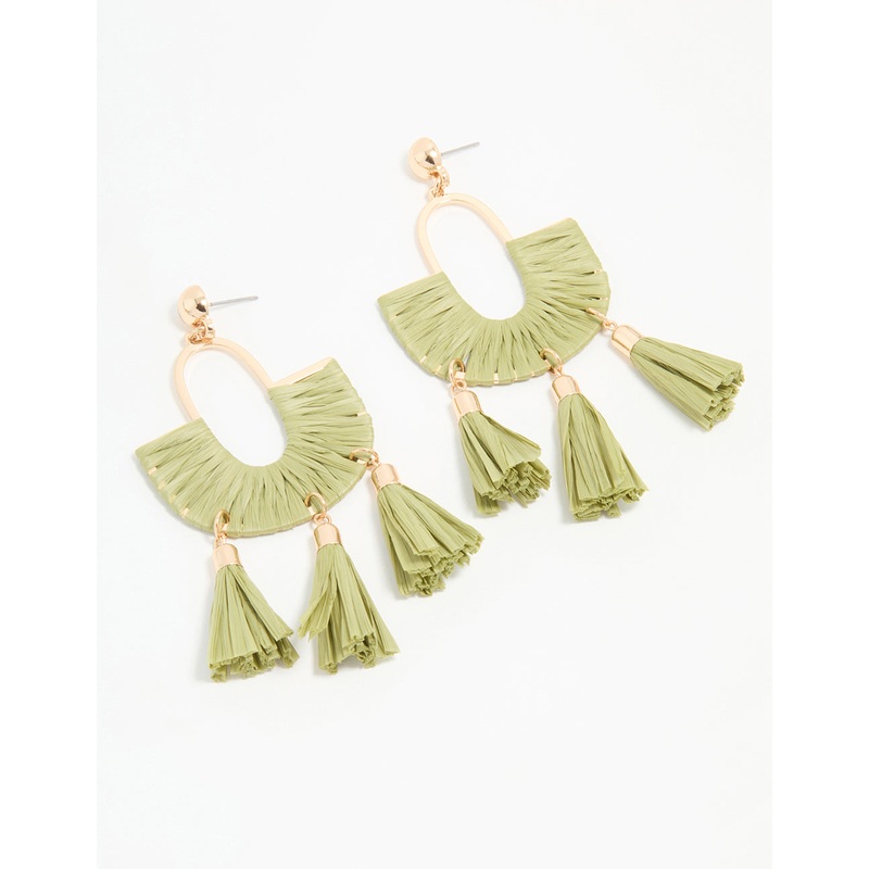Gold & Green Half Woven Tassel Drop Earrings