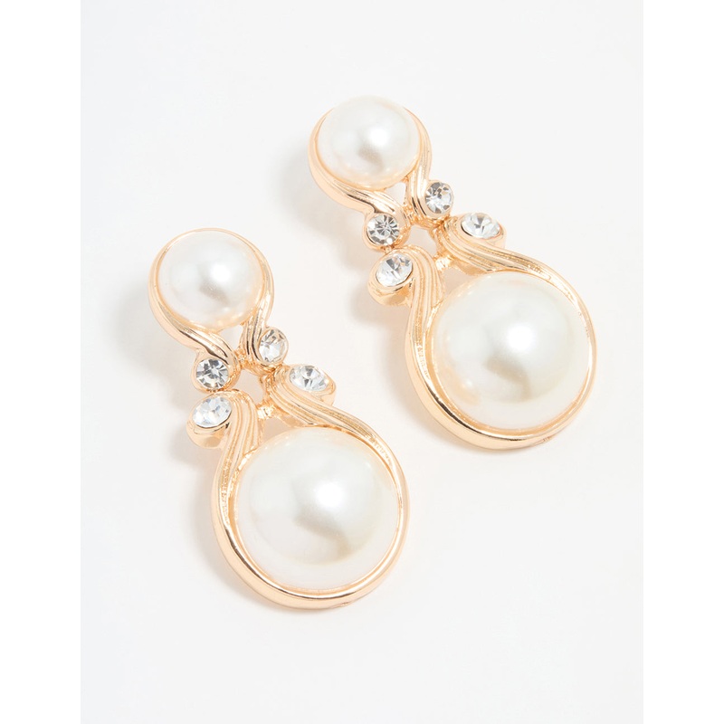 Gold Pearl Diamante Doorknocker Drop Earrings