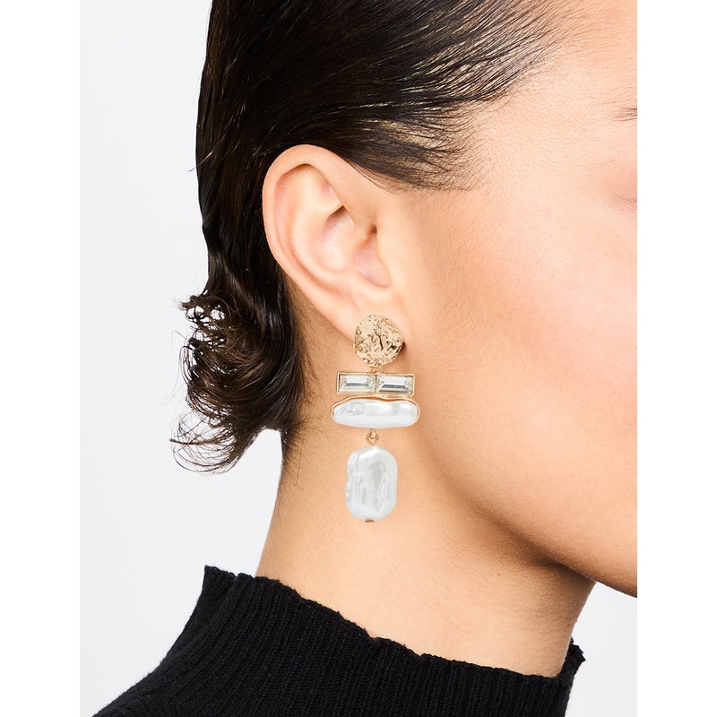 Gold Pearl Diamante Molten Drop Earrings