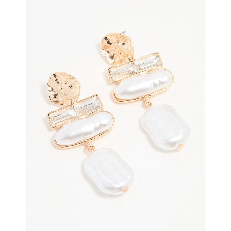 Gold Pearl Diamante Molten Drop Earrings