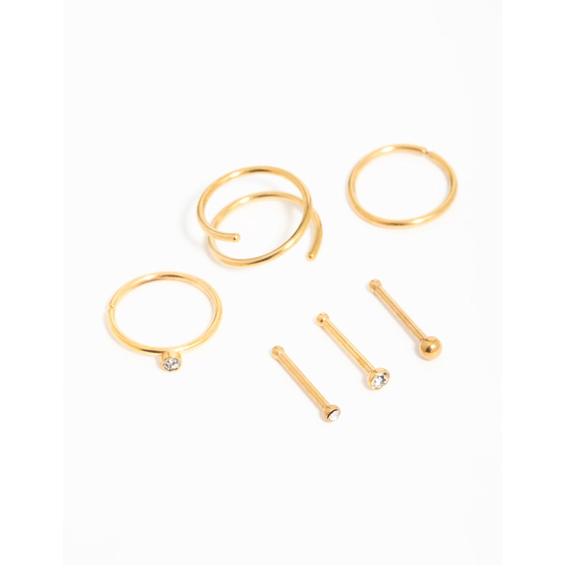 Gold Plated Surgical Steel Cubic Zirconia Bezel Nose Piercings 6-Pack