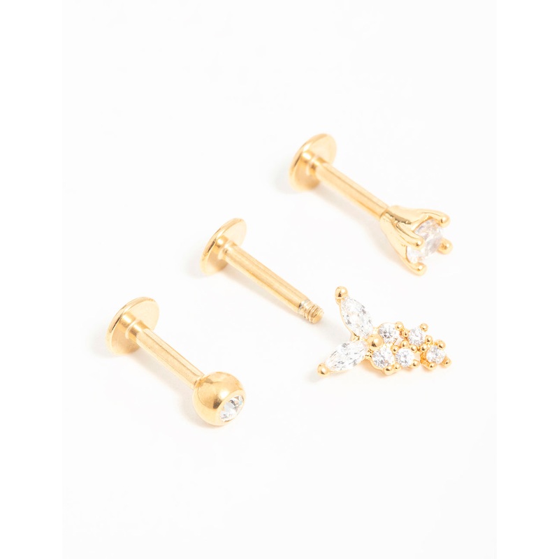 Gold Plated Surgical Steel Cubic Zirconia Butterfly Flat Back Studs 3-Pack