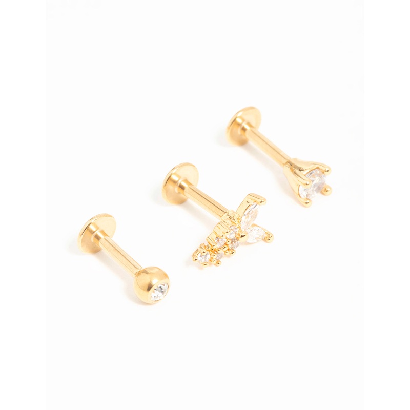 Gold Plated Surgical Steel Cubic Zirconia Butterfly Flat Back Studs 3-Pack