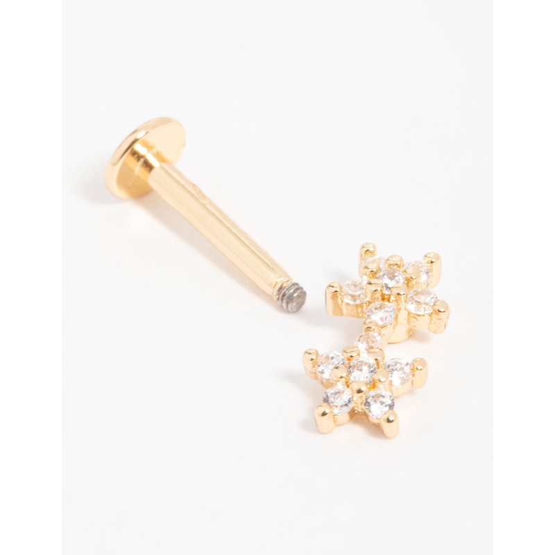 Gold Plated Surgical Steel Cubic Zirconia Double Star Flat Back Stud