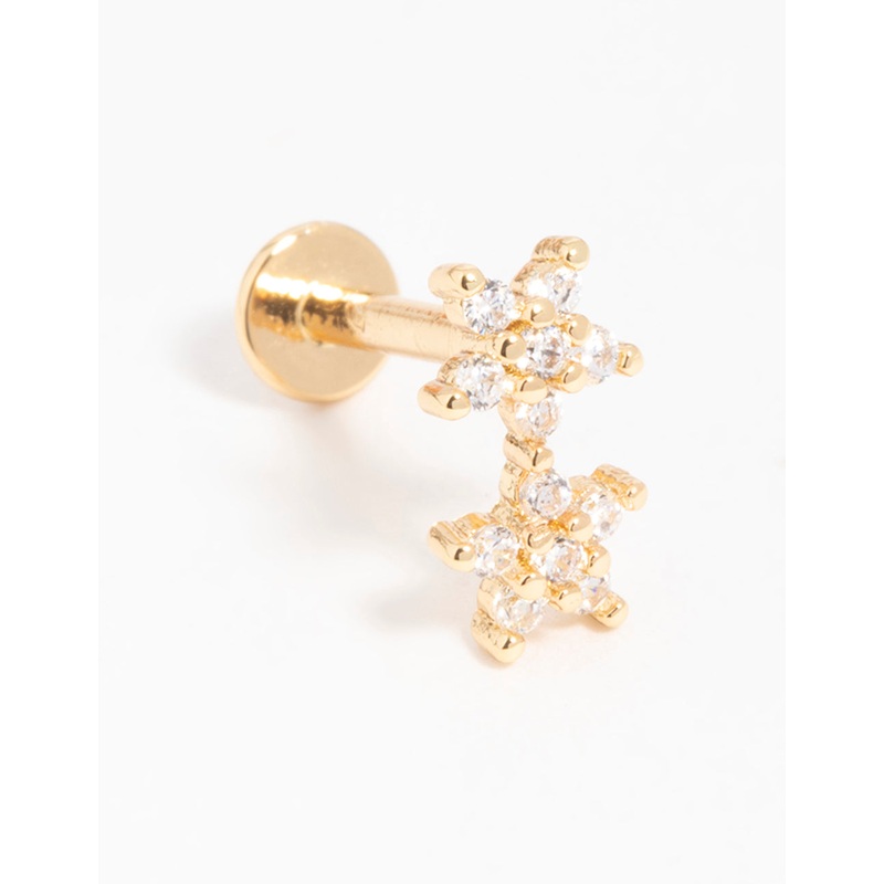 Gold Plated Surgical Steel Cubic Zirconia Double Star Flat Back Stud