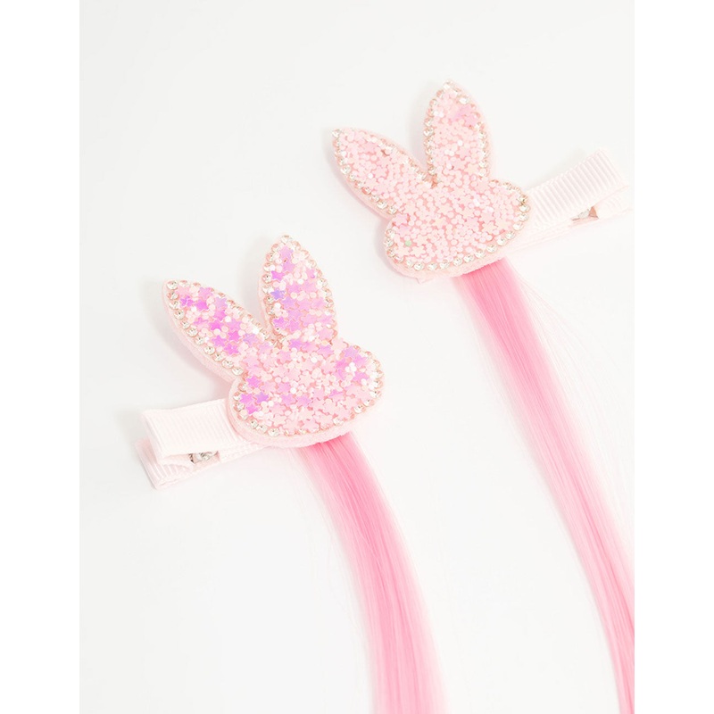 Kids Faux Hair Pastel Fabric Sparkle Easter Bunny Hair Clips 2-Pack