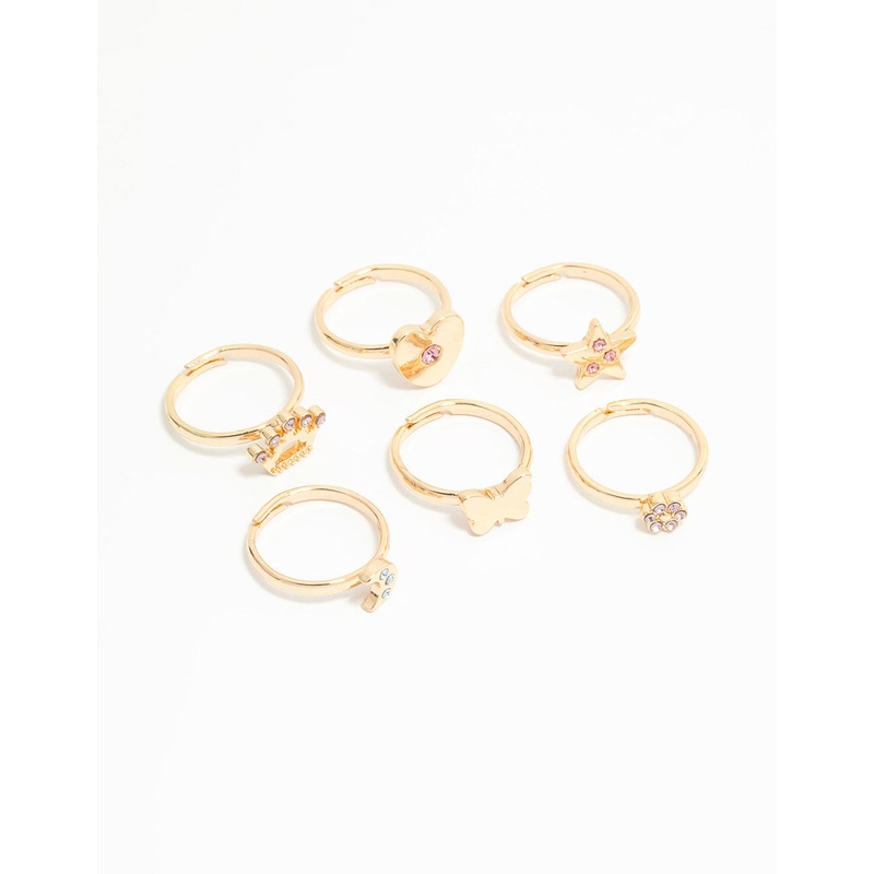 Kids Gold Diamante Butterfly Crown & Heart Fashion Rings 6-Pack