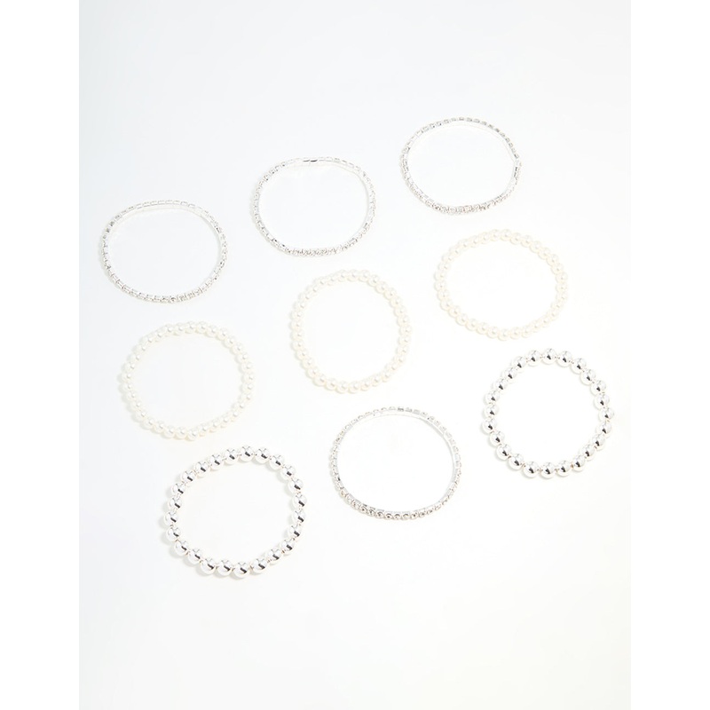 Silver Diamante & Pearl Ball Bracelets 9-Pack