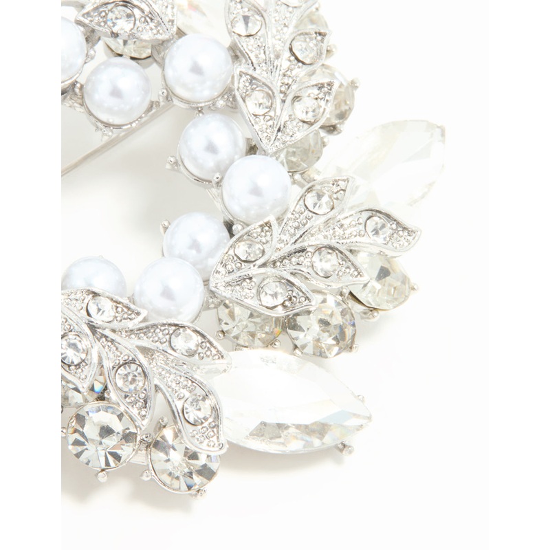 Silver Diamante Pearl Wreath Brooch