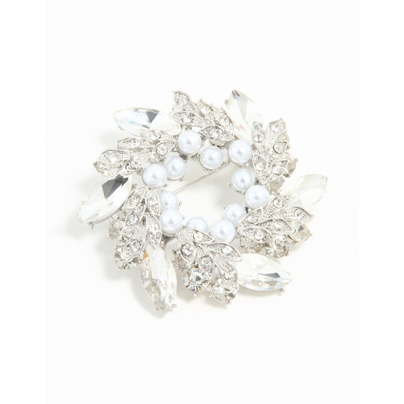 Silver Diamante Pearl Wreath Brooch