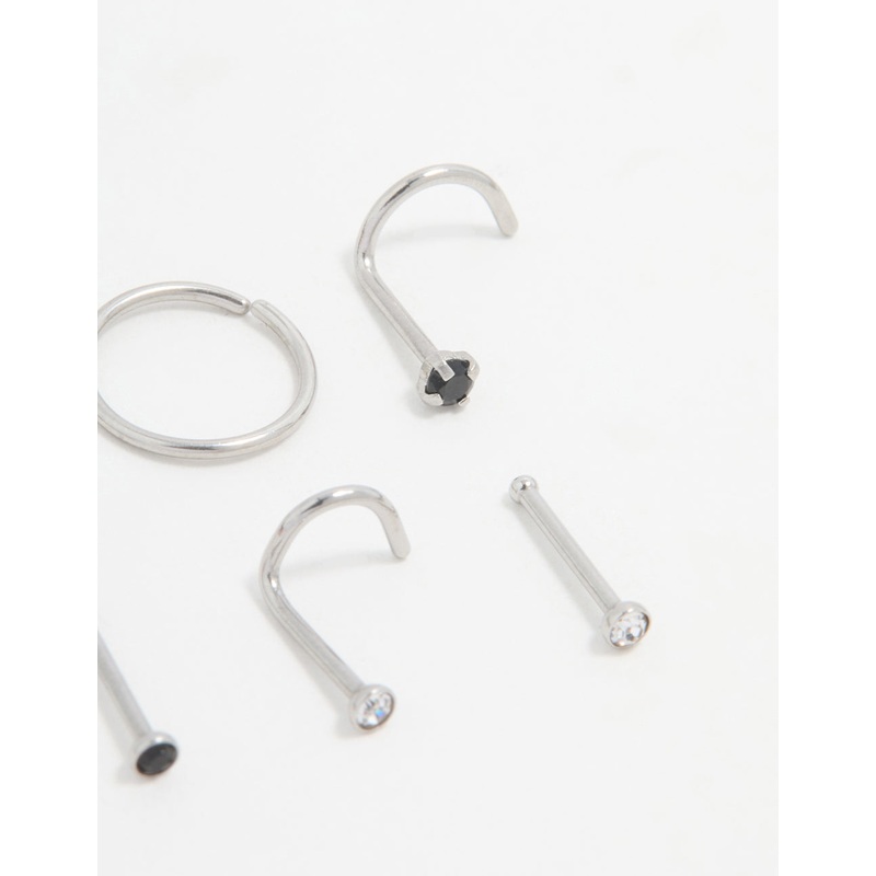 Surgical Steel Black Cubic Zirconia Nose Ring & Stud 6-Pack